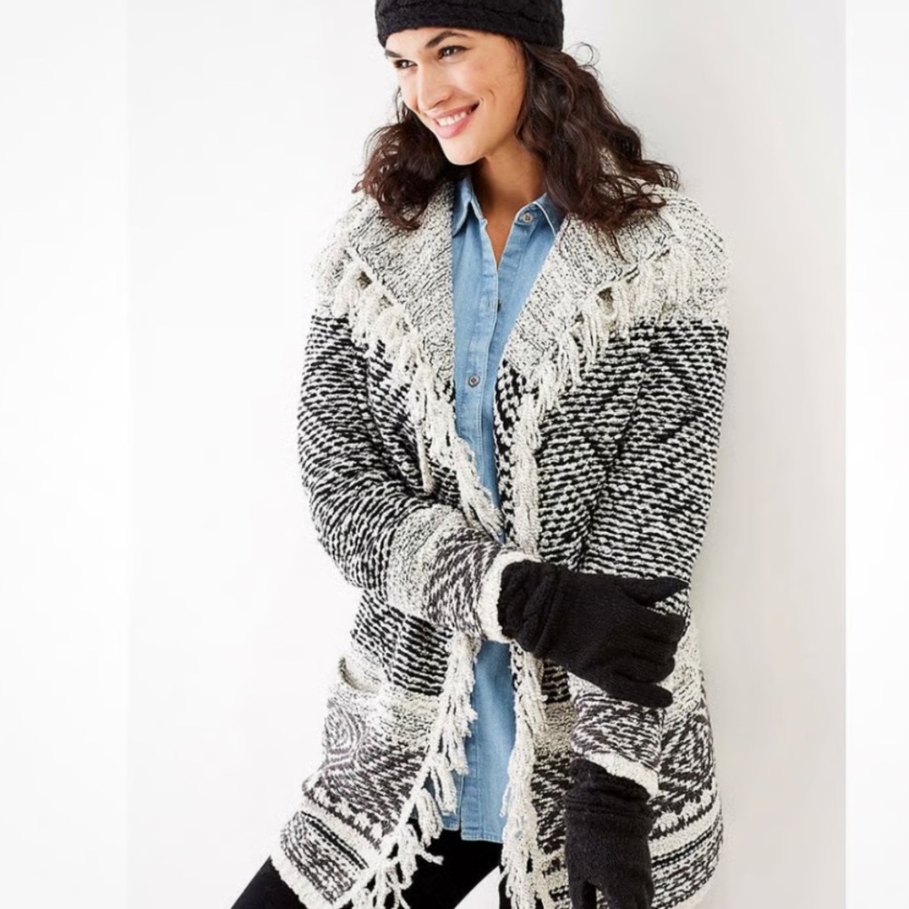 50%offw❤️ J. Jill chunky knit Open Front Cardigan Sweater Fringe Trim Geometric